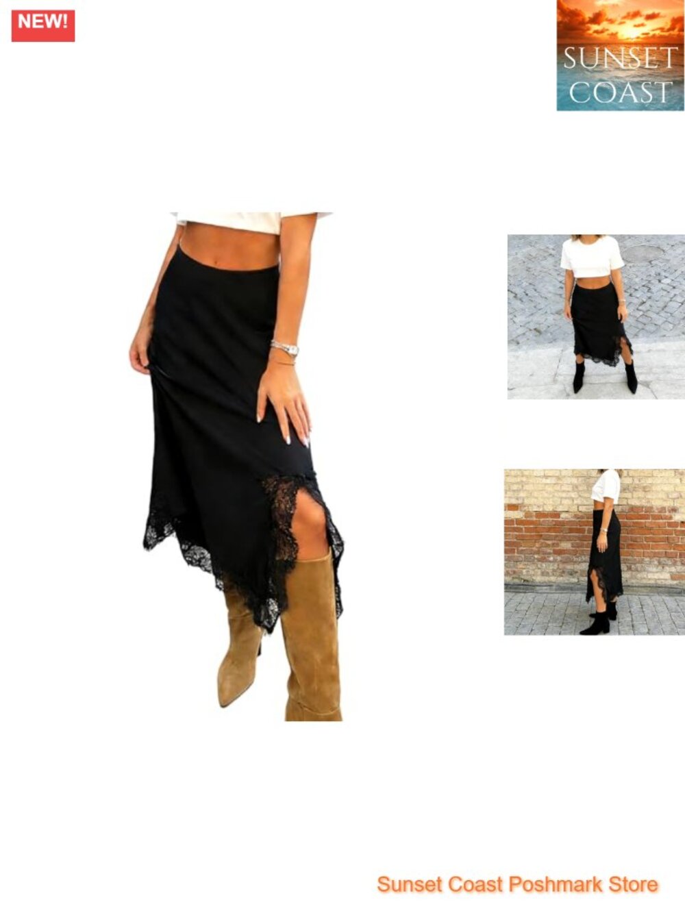 Satin High Waisted Side Split Midi Skirt with Lace Patchwork